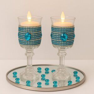 Handmade Crystal Candle Holders – Teal & Silver Jeweled Design (Set of 2)